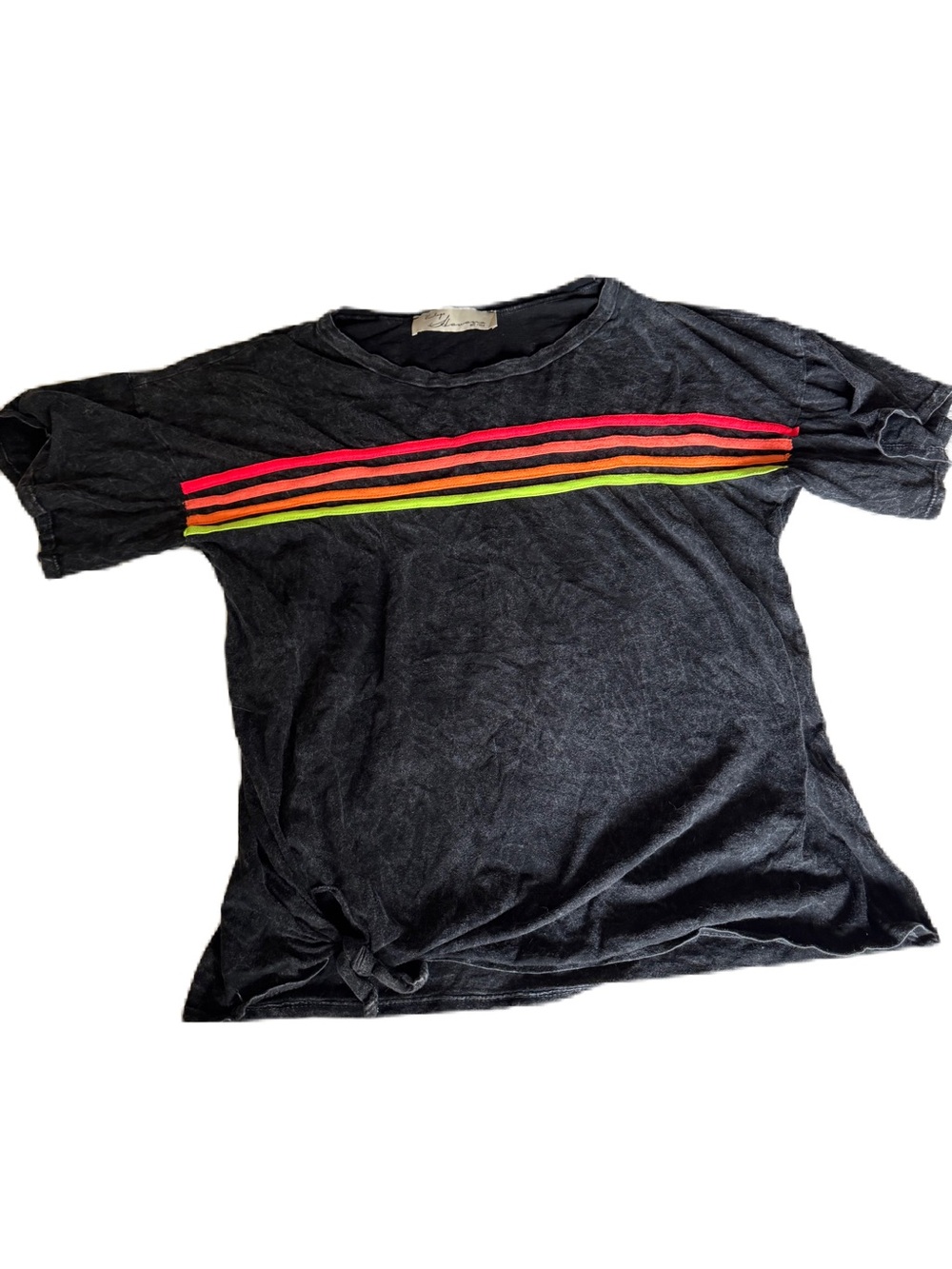Vintage Havana Black Short Sleeve Tee with Neon Pink Orange Yellow Stripes